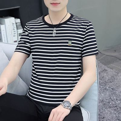 纯棉短袖T恤男2024新款夏季黑白条纹半袖海魂衫冰丝透气体恤