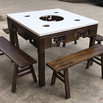 大理石火锅桌子商用两用串串电磁炉一体桌火锅店桌椅组合全套无烟