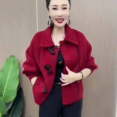 妈妈装仿双面呢短款外套女春秋季中老年加肥加大时尚洋气毛呢外套