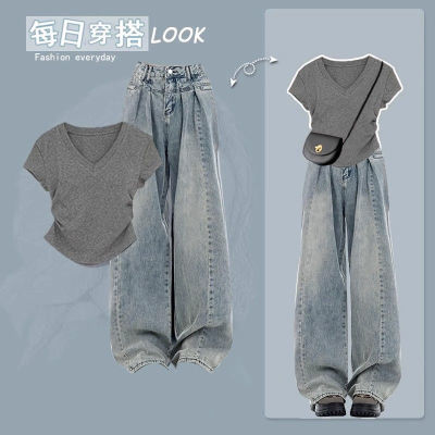 夏季甜酷套装女学生韩系纯棉短袖T恤+高腰美式复古牛仔裤两件套潮