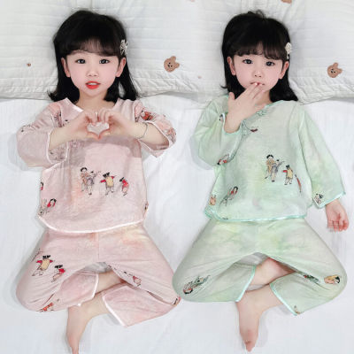 女童棉绸睡衣薄款夏季短袖小孩儿童中小棉空调家居服中国风套装