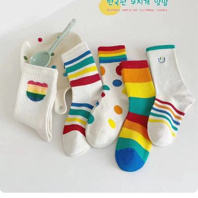 儿童袜子新款男女童彩色秋冬季韩版运动中筒袜宝宝儿童长筒袜彩虹