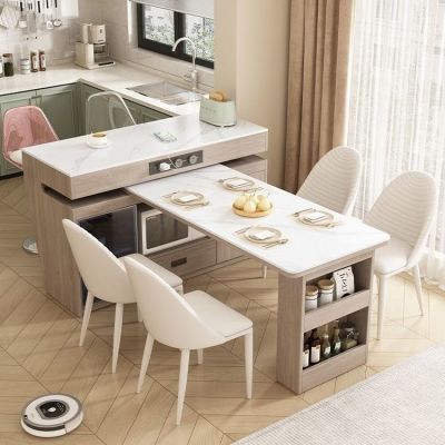 高级实木餐桌岛台餐桌椅家用组合伸缩岩板简约中岛耐用拉伸饭桌