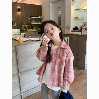 儿童洋气粉色格子衬衫2024春季新款女童韩版长袖衬衣宝宝春装上衣