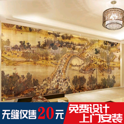 中式古典清明上河图壁纸3d立体火锅饭店餐厅壁画客厅电视背景墙纸