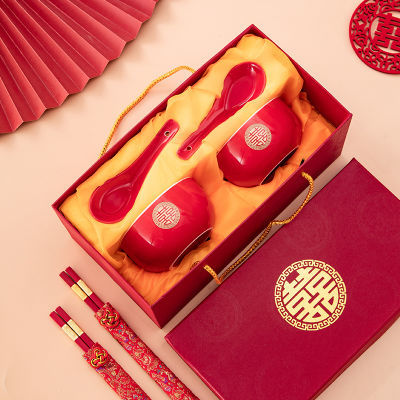 中国风婚庆金色双喜陶瓷红碗筷勺结婚女方陪嫁用品新人饭碗礼盒装
