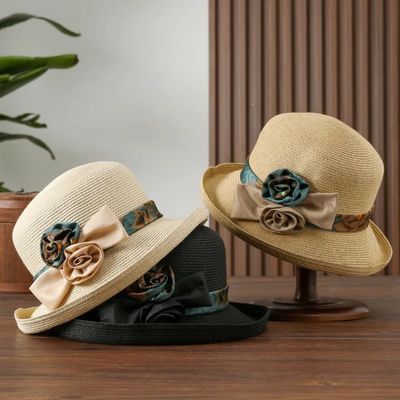 夏季轻奢女士草帽防晒可折叠遮阳帽洋气名媛沙滩帽太阳帽复古海边