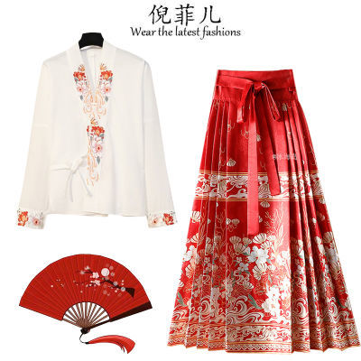 新中式国风套装一整套女2024新款汉服衬衫女显瘦红色马面裙两件套