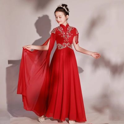高端儿童古筝演出服女童新款大童中国风表演服艺考主持红色晚礼服