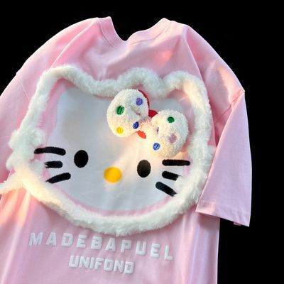 大码-300斤夏季日系可爱kitty猫纯棉短袖男女宽松设计感情侣体恤