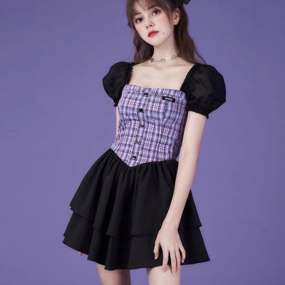 2024夏季新款甜酷紫格泡泡袖高腰修身蛋糕连衣裙甜美显瘦显腿长