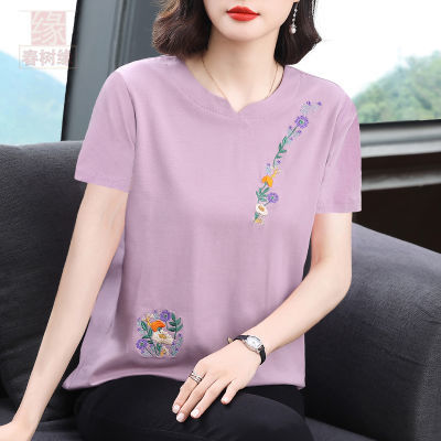 紫色短袖t恤女纯棉2024年夏装新款刺绣小衫中年妈妈高级宽松