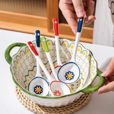 波西米亚日式陶瓷勺子家用瓷勺可爱小汤勺长柄勺调羹咖啡甜品勺