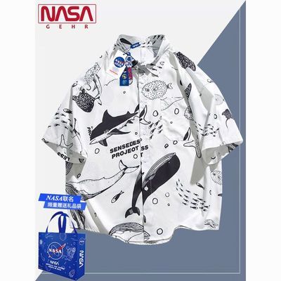NASA联名衬衣男士夏季情侣款满印潮牌鲸鱼休闲半袖上衣短袖衬