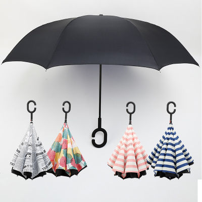 长柄伞双层站立热卖创意花雨伞汽车遮阳伞C型免持直柄反向伞