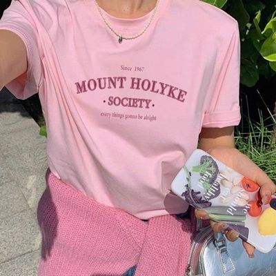 韩系chic粉色字母短袖t恤女2024夏季新款正肩高级感上衣