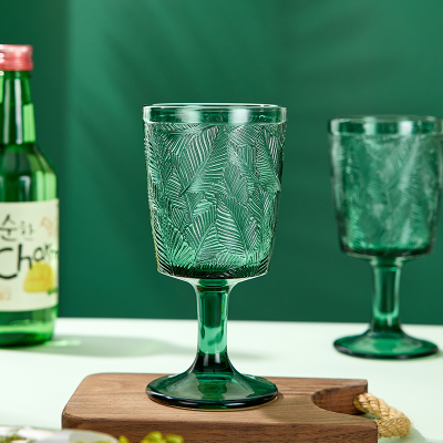 墨绿法式浮雕高脚杯玻璃杯ins风复古绿色红酒杯子饮料杯葡萄酒