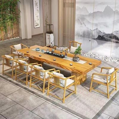 新中式长桌原木整板桌客厅泡茶桌椅办公接待桌椅组合爆款茶台现代