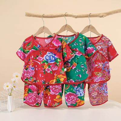 夏季儿童家居服薄款棉绸短袖套装中小童宝宝网红东北大花两件套