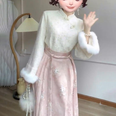 米芝娅新中式改良汉服套装女2024年新款国风上衣粉色马面裙两件套