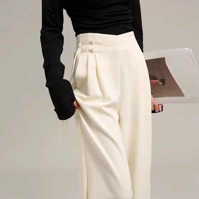 新中式国风窄版阔腿裤女设计感春夏新款高级感垂感宽松显瘦西装裤