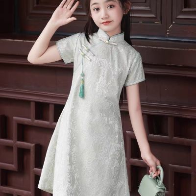 女童旗袍2024春秋新款儿童改良国风绿色清新裙子小女孩蕾丝连衣裙