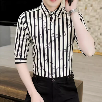高级感免烫轻奢条纹衬衫男士商务休闲修身青年潮流韩版七分袖衬衣