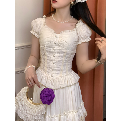 法式设计感重工刺绣木耳边短款上衣高腰蛋糕裙仙女气质半身裙