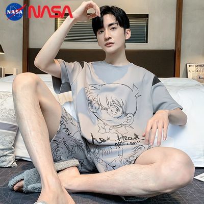 NASA夏季男士睡衣纯棉短袖新款卡通青少年加肥大码学生家居服套装