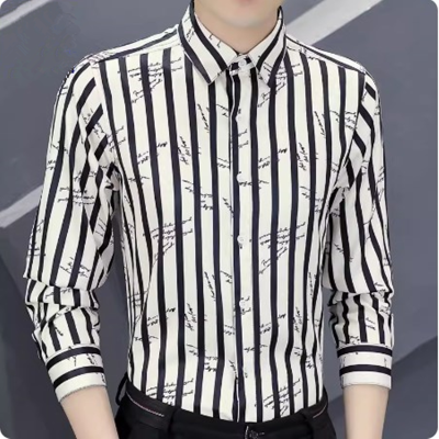 高级感条纹免烫衬衫男士轻奢商务休闲修身青年韩版装长袖潮流衬衣