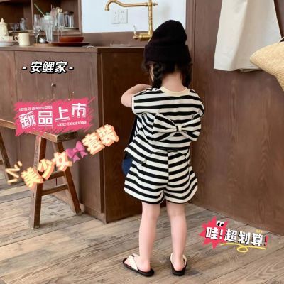 韩版女童夏季套装2024年新女宝宝条纹短袖短裤儿童洋气潮流两