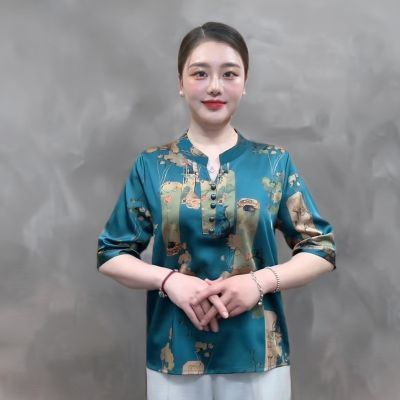 中式新款显瘦时尚妈妈装大码宽松印花气质中老年夏季遮肚中袖小衫