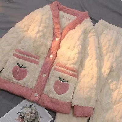 水蜜桃珊瑚绒两件套睡衣女秋冬提花可爱家居服套装可外穿加绒加厚