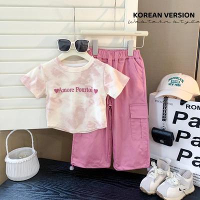 女童夏装套装2024新款洋气韩版女宝宝短袖t恤高腰工装短裤两件套