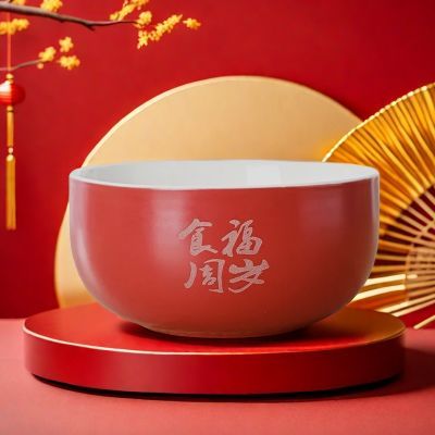 宝宝生日周岁食福认干亲喜庆定制红色陶瓷碗筷家用庆祝吃福面送礼