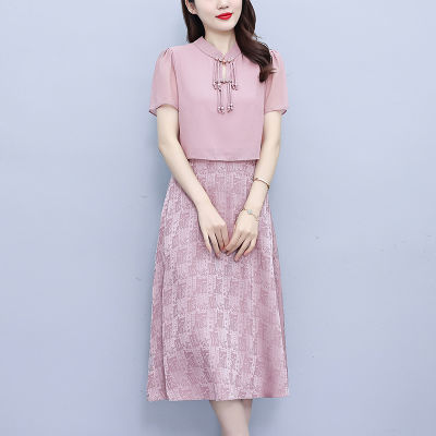 新中式高级感气质连衣裙2024新款中年妈妈盘扣减龄显瘦假两件
