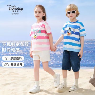 迪士尼儿童条纹渐变短袖T恤夏季新款中大童印花透气运动时尚上衣