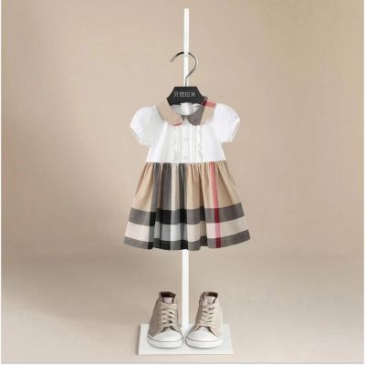 女童短袖连衣裙2024夏季新款中小童洋气娃娃领白色格纹公主连