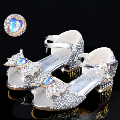 女童高跟凉鞋新款爱莎公主宝宝魔术贴儿童水钻蝴蝶结银夏季水晶鞋