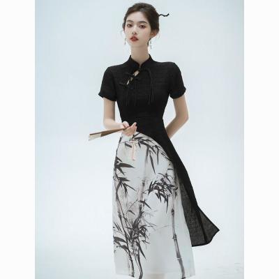 夏季女装复古新中式国风改良旗袍黑色水墨画连衣裙高级感名媛礼服