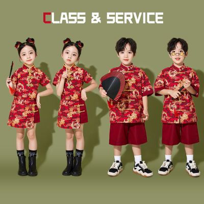 六一儿童啦啦队演出服中式唐装男童表演服女童汉服诗歌朗诵舞台服