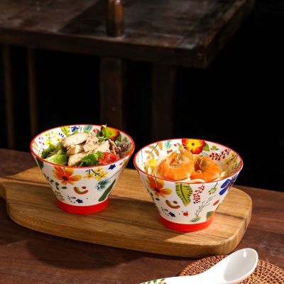 陶瓷高颜值饭碗日式沙拉面碗网红创意高脚防烫碗套装斗笠碗复古