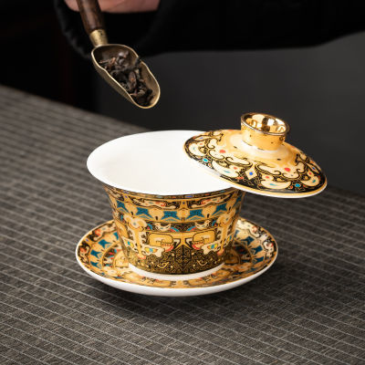 唐卡鎏金悬停盖碗中式珐琅功夫彩瓷高档复古描金鎏银宫廷旋转茶碗