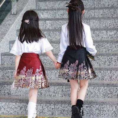 中女童短袖套装半身裙儿童汉服短款马面裙短款古风全套元素