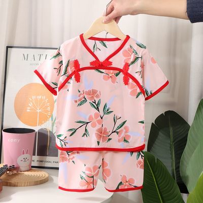 宝宝东北大花绵绸儿童薄款睡衣女童七分裤男女宝宝短袖家居服新品