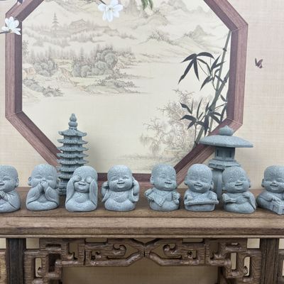 中式四不小和尚鱼缸造景摆件微景观假山盆景摆件可爱禅意茶宠装饰