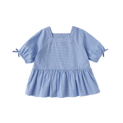 女童夏季上衣新品儿童复古文艺蓝白格纹小衫亲子款泡泡袖方领上衣
