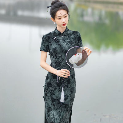 新中式植绒扎染中长款旗袍民国风复古时尚修身2024年新品优雅