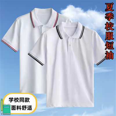 夏季学生校服短袖翻领体恤休闲学院风白色上衣polo衫中小学生