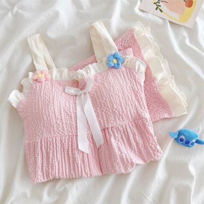 睡衣女夏季纯棉带胸垫日系ins风学生短袖粉色花朵可外穿家居服